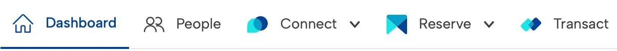 Menu bar containing "Dashboard", "People", "Connect", "Reserve", "Transact"